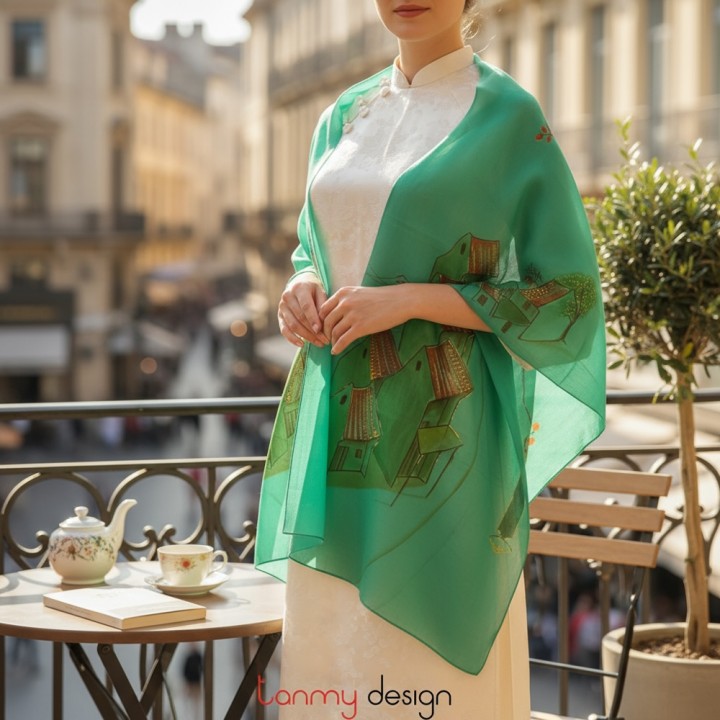 Khăn gai dài màu xanh vẽ tay hình phố cổ 70*190cm
